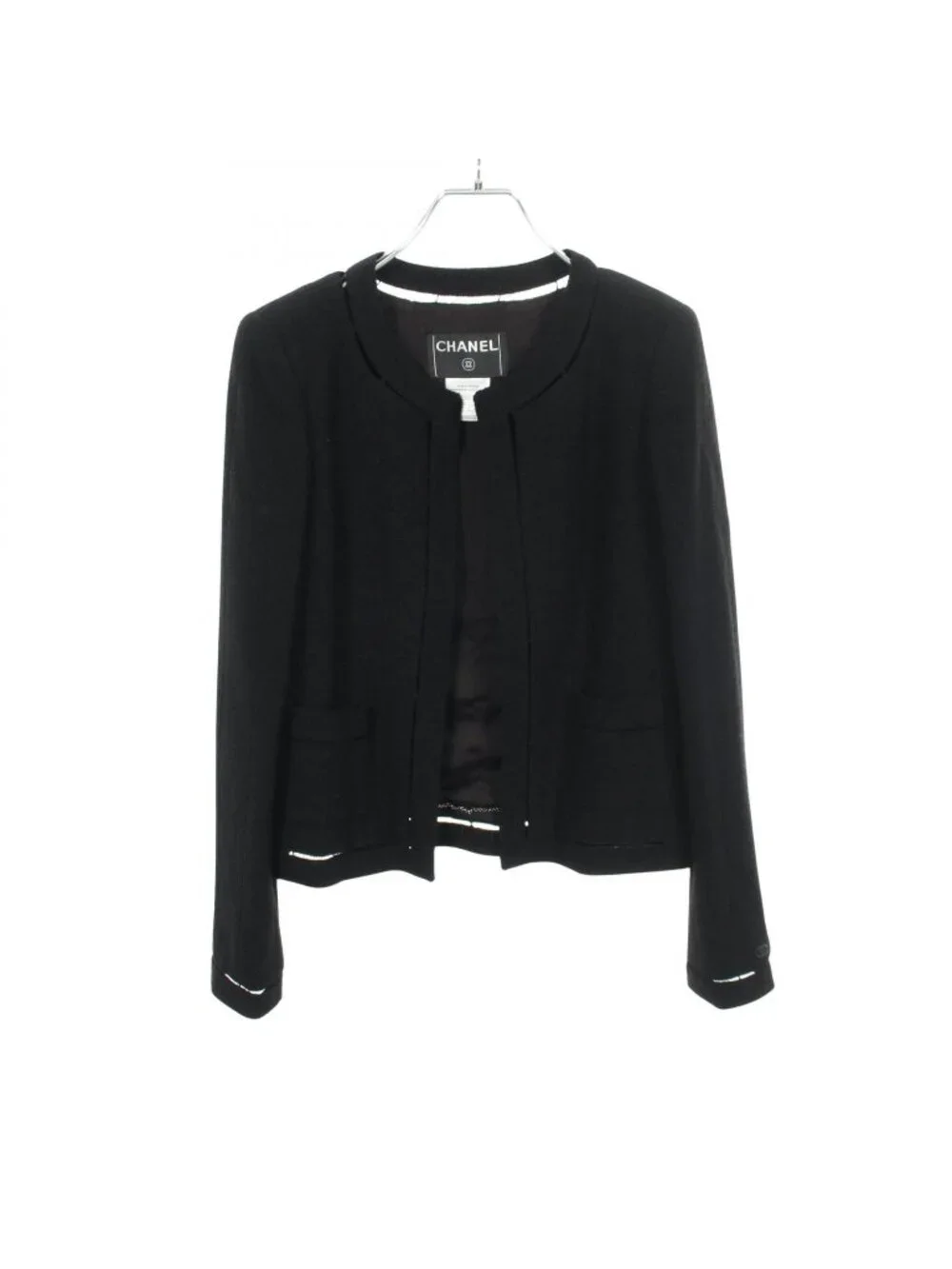 Chanel Collarless Jacket Tweed Black Wool Vintage